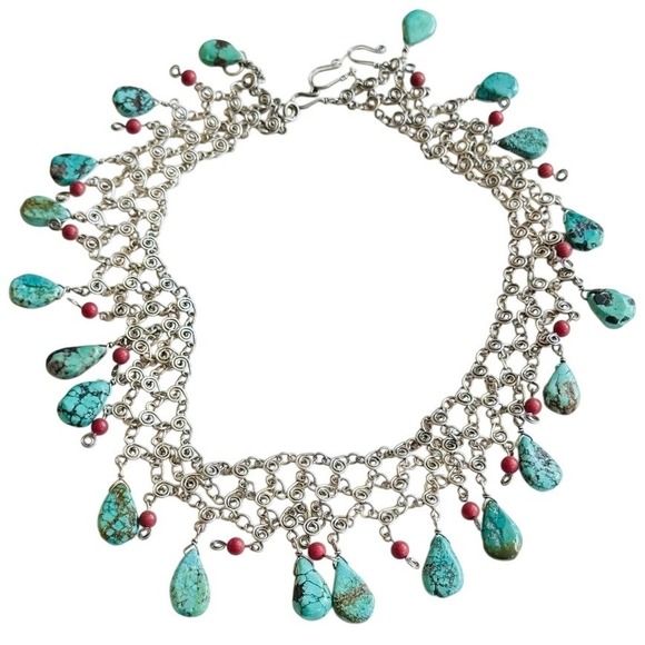 Jewelry - BOHO Turquoise Coral collar Necklace VtG Genuine Gemstone stone Natural 16" Y2k